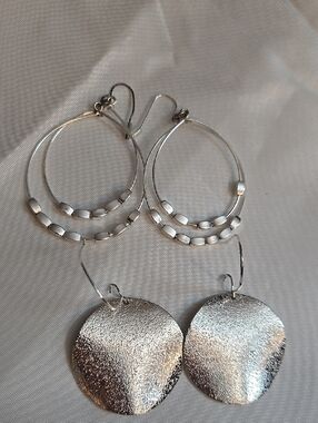 Silver Textured Disc and Double-Hoop Earrings - Women Jewelry
